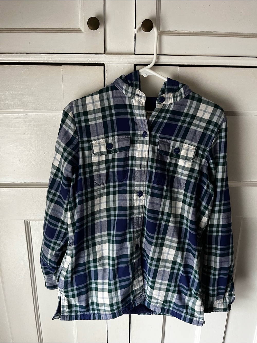 L.L. Bean - Navy, Green & White Plaid Fleece-Lined Shirt - Women’s Size XS